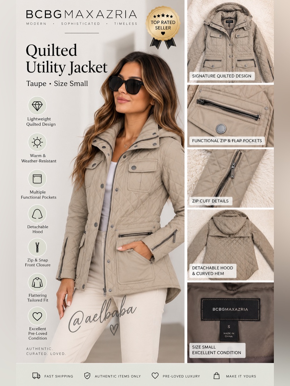 BCBGMAXAZRIA Taupe Quilted Longline Puffer Parka Cowl Hood Jacket size small